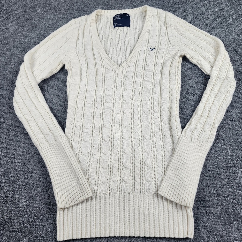 American Eagle M Y2K Ivory Cable Knit Sweater Elena Gilbert Embroidered Logo